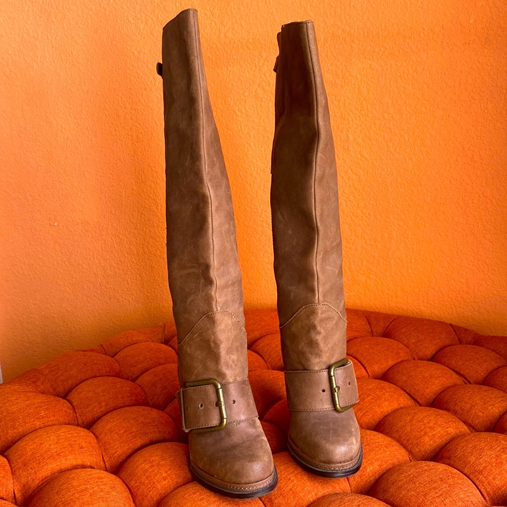 Nine West Vintage Buckle brown leather knee-high boots BoHo hippie Y2K size 8